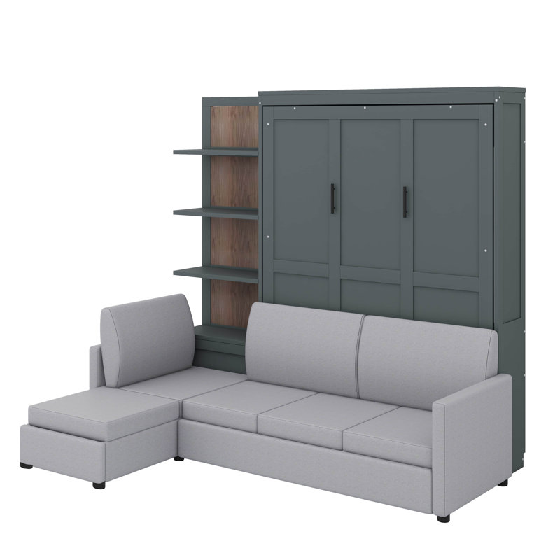 Grand lit escamotable avec canapé et unité de rangement, Gris