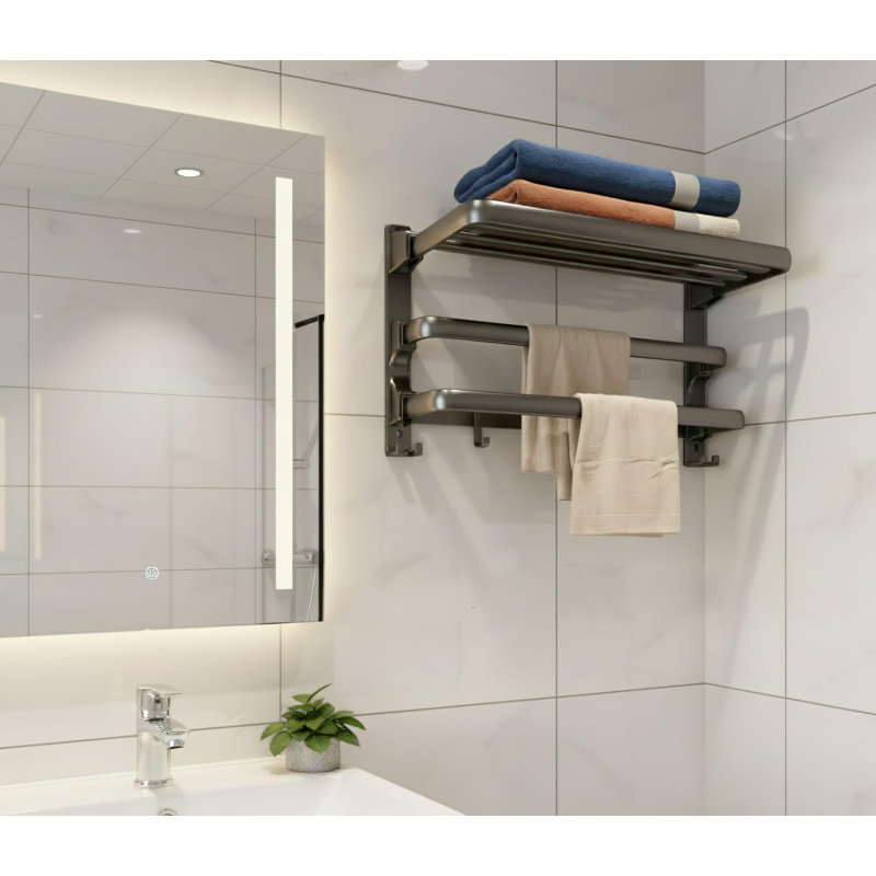 Porte-serviettes mural pliable noir mat, salle de bain / salle de bain seulement, comprend 2 barres à serviettes + 7 crochets, rangement multifonctionnel et support d'organisation.