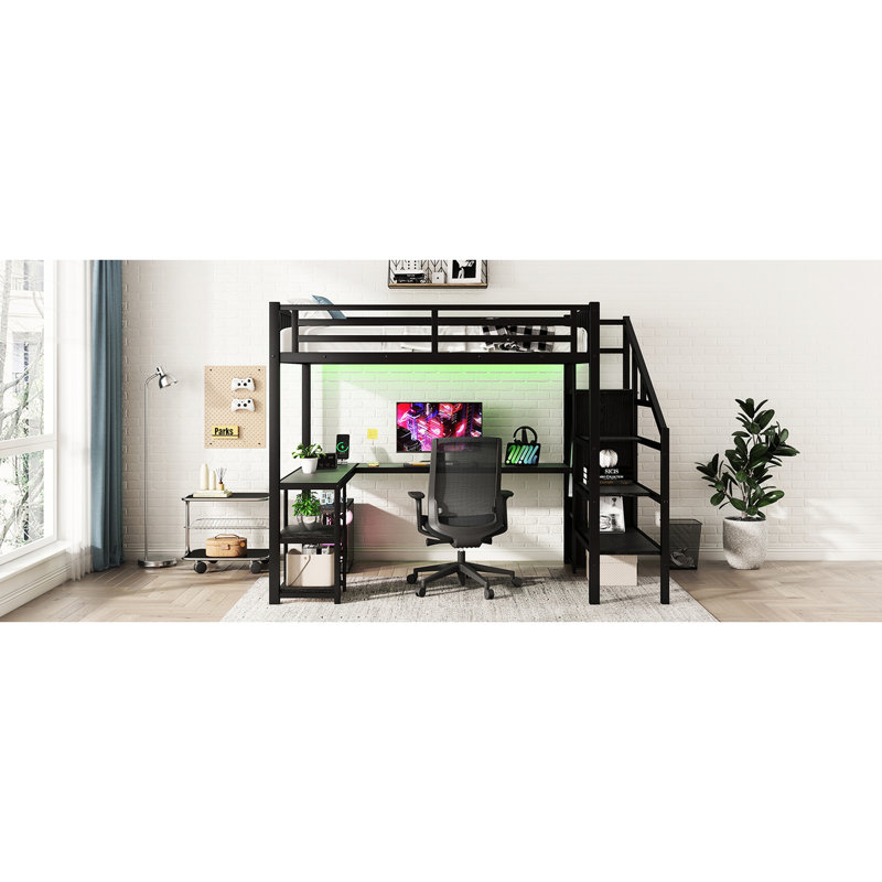Lit mezzanine en métal noir avec rangement, bureau et conduit pour une chambre à coucher sophistiquée avec placard, effets dynamiques
