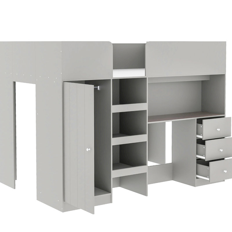 Lit mezzanine gris avec garde-robe, bureau, tablettes de rangement et tiroirs en bois