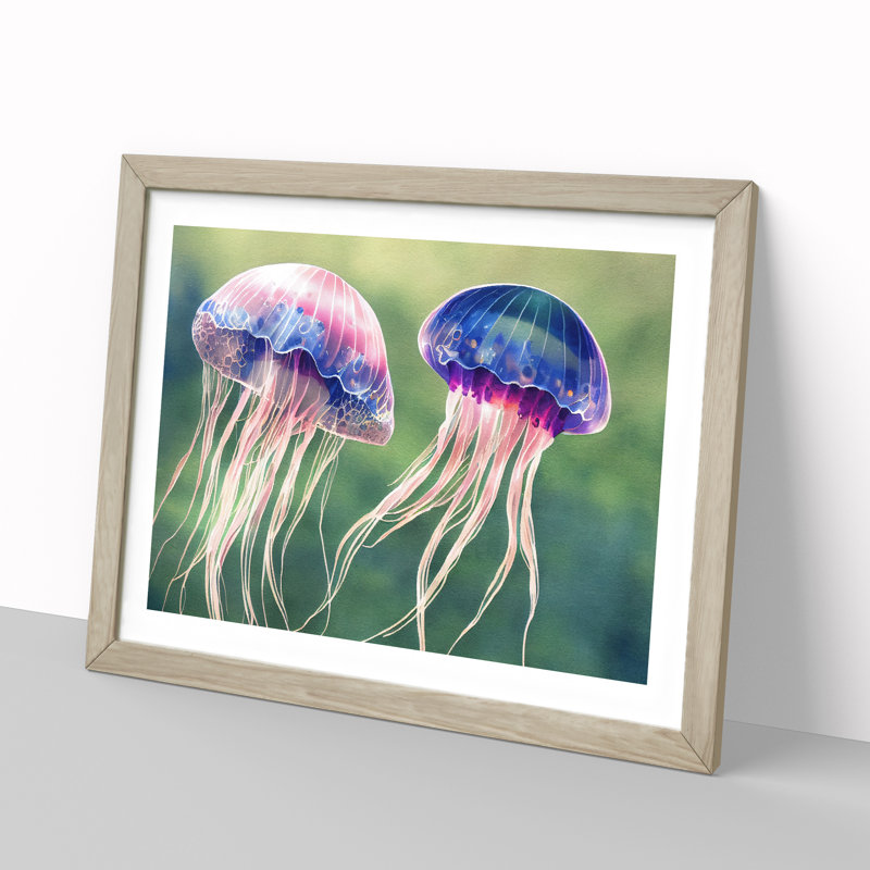 Watercolour Jellyfish - Single Picture Frame Print, 46cm H x 64cm W x 2cm D, Oak