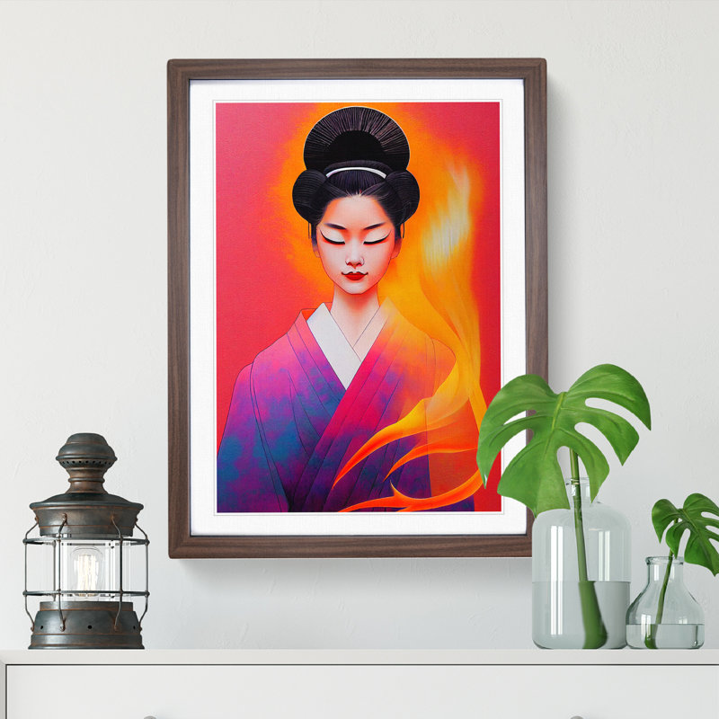 Geisha Flames - Single Picture Frame Painting, 34cm H x 25cm W x 2cm D, Walnut