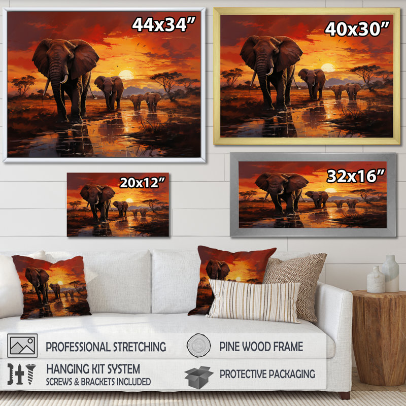 Photographie d'un éléphant d'Afrique au coucher du soleil II - Éléphant, reproduction sur toile encadrée, Cadre flottant brun