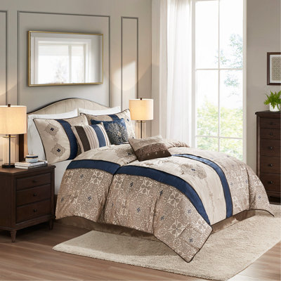 Ensemble d'édredon luxueux en jacquard 7 pièces avec broderie élégante et coussins décoratifs assortis, parfait pour une chambre à coucher élégante et confortable