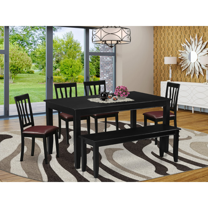 6 Piece Kitchen Table & Chairs Set Contains a Rectangle Dining Table and 4 Faux Leather Dining Room Chairs with a Bench, 36x60 Inch, Black