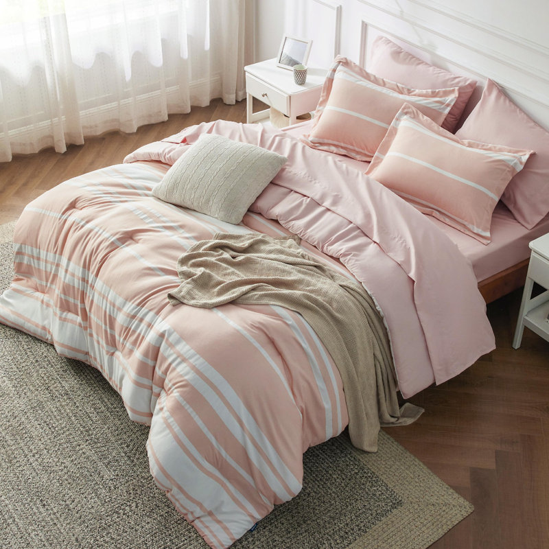 Bedsure Striped All Season Comforter Set, Light Pink, Full Comforter + 6 Additional Pieces