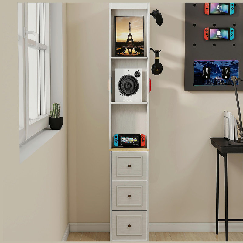 Armoire de rangement mince de 73 po de hauteur, armoire de rangement multimédia à 3 niveaux avec 3 tiroirs et 2 crochets, étagères de rangement pour bibliothèque, armoire de rangement pour CD, DVD et console de jeux