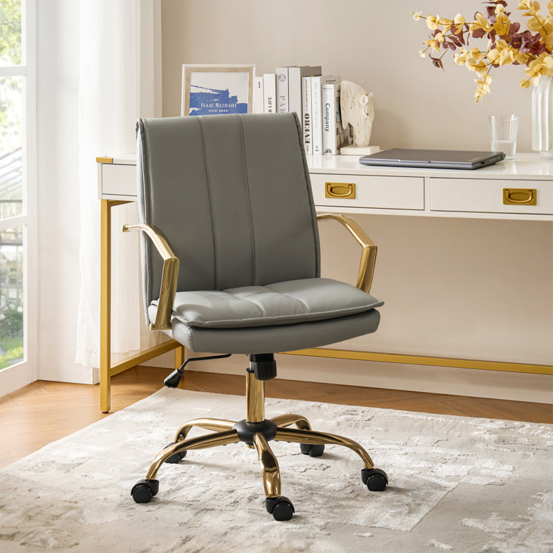 Chaise de bureau berçante inclinable en cuir avec accoudoirs et pieds en métal Jehu, Gris