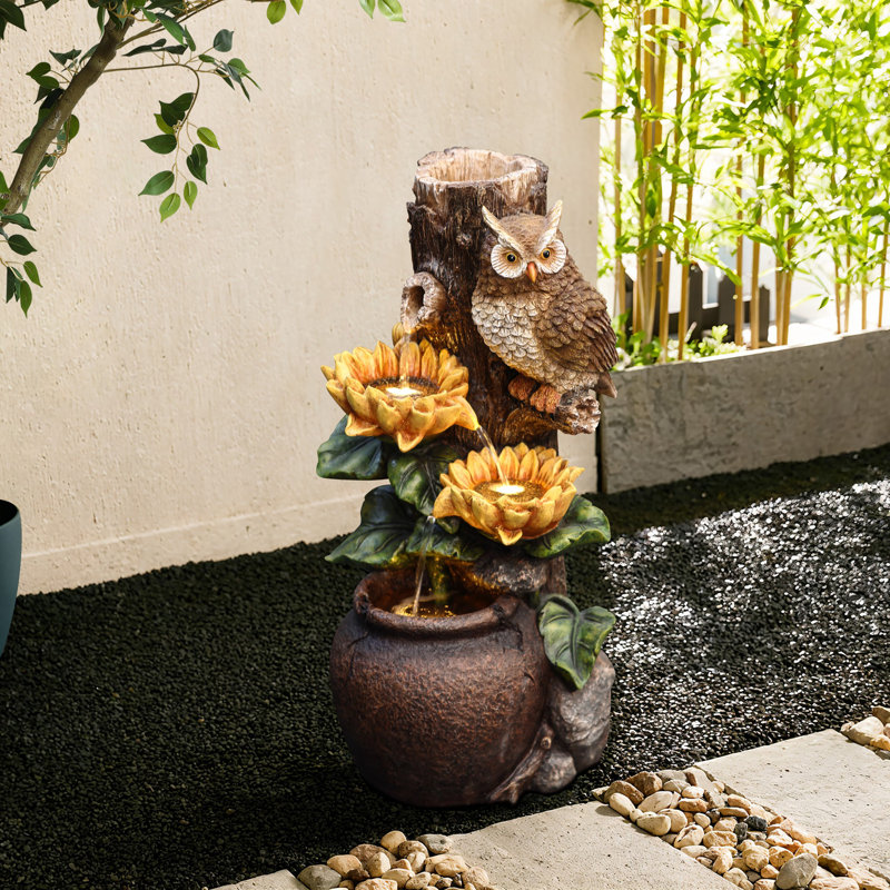 Sunflower and Owl 2.3-Feet Tall Outdoor Polyresin Fountain with Lights
