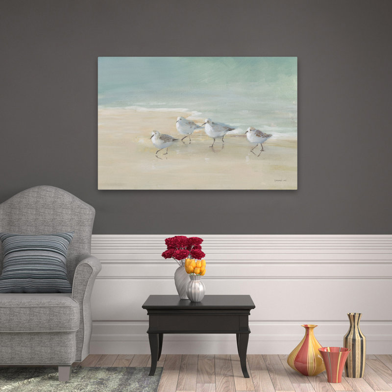 Oiseaux de rivage tranquilles sur le sable, bord de mer Nautique, animal, bleu, gris, oiseau de plage, H 48 po x l 32 po