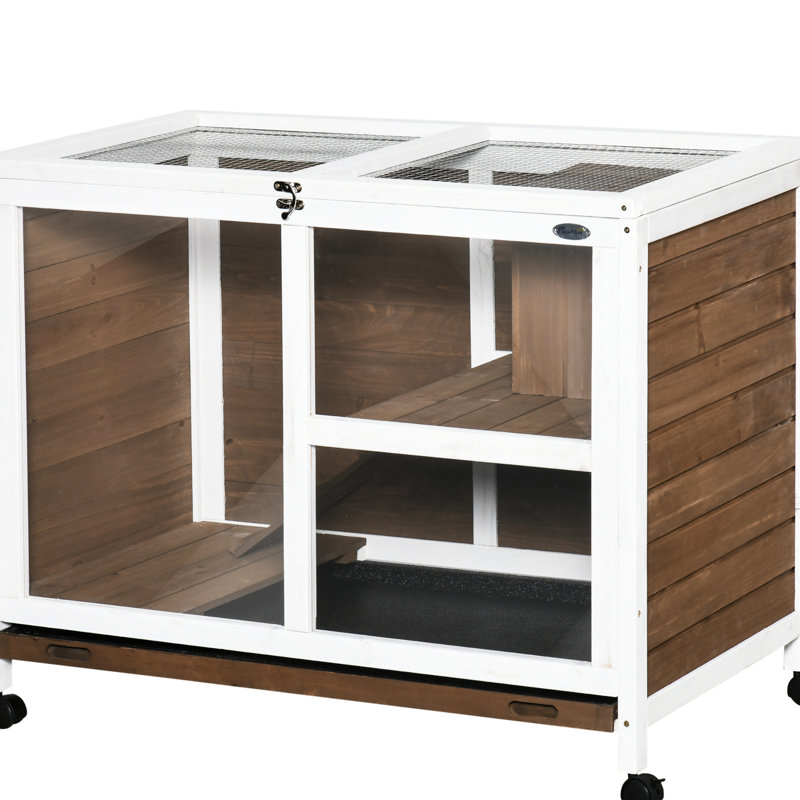 Lapin brun avec roulettes, bureau et table d'appoint, cage en bois imperméable pour les lapins doux, petit élément compact et amis à fourrure, aspect