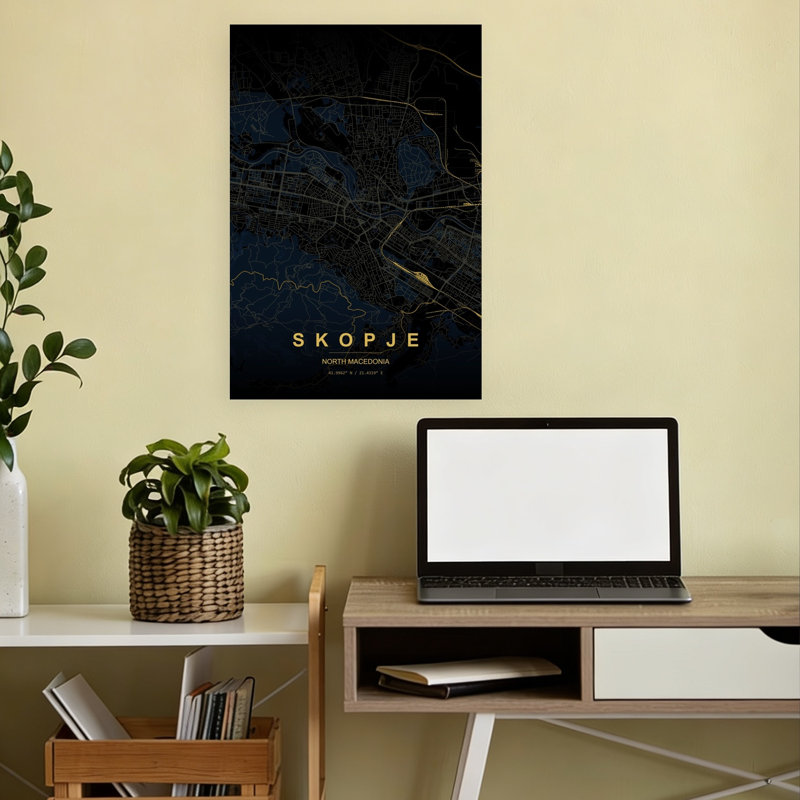 Skopje Night Map Abstract Modern City Wall Art Print 1 Piece Wrapped Canvas Wall Art, 45.72cm H x 30.48cm W