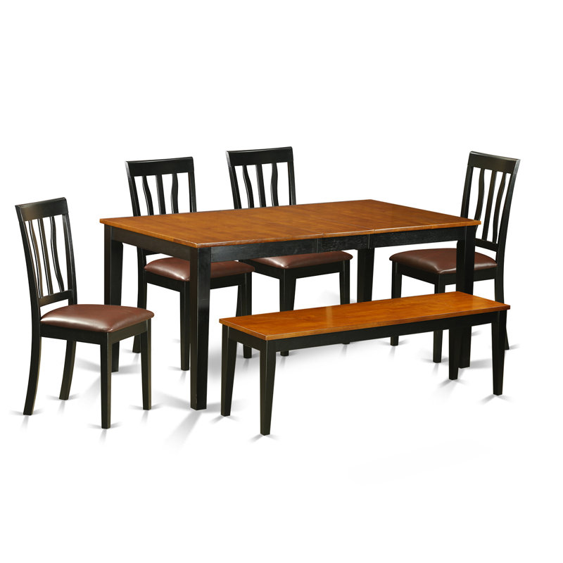 6 Piece Dining Table Set Contains a Rectangle Dining Room Table with Butterfly Leaf and 4 Faux Leather Chairs with a Bench, Black & Cherry
