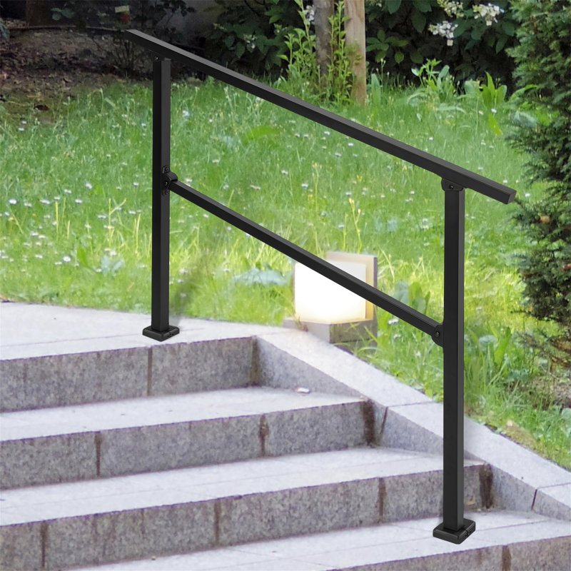 Wrought Iron Handrail, Step Handrails For Outdoor Steps Fit 3 To 4 Steps, Adjustable Porch Railing Transitional Rail With Installation Kit For Concrete Steps Or Wooden Stairs (Black)