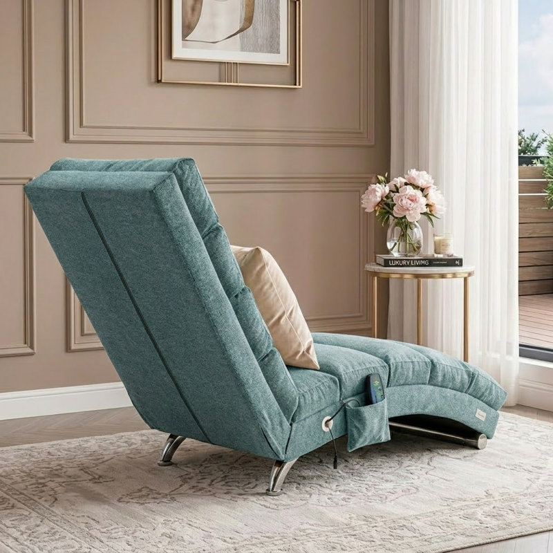 Jameer Upholstered Chaise Lounge, Teal Linen