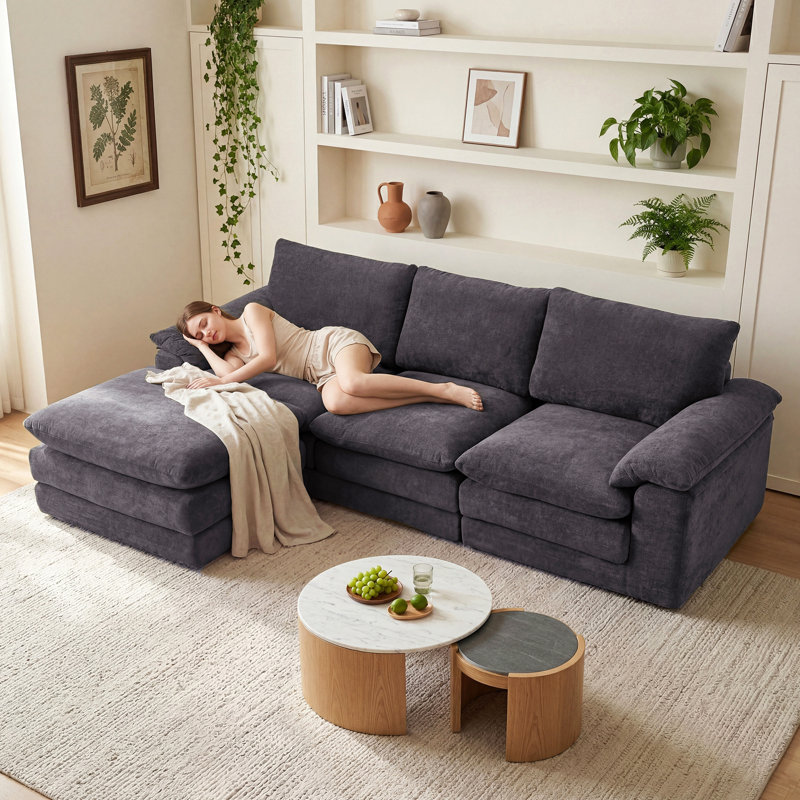 Canapé d'angle modulaire, canapé nuage en forme de U avec 1 pouf amovible, canapé profond confortable en chenille avec coussins moelleux pour salon/appartement (noir)