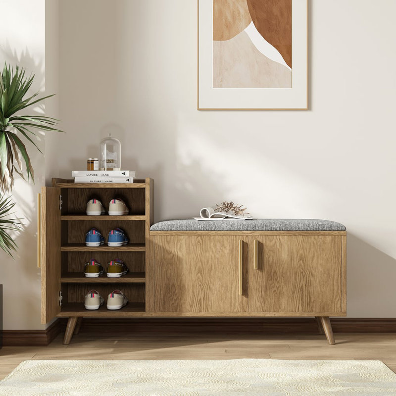 Walnut Wooden Shoe Storage Bench With Left-Side Cabinet For Entryway (47")