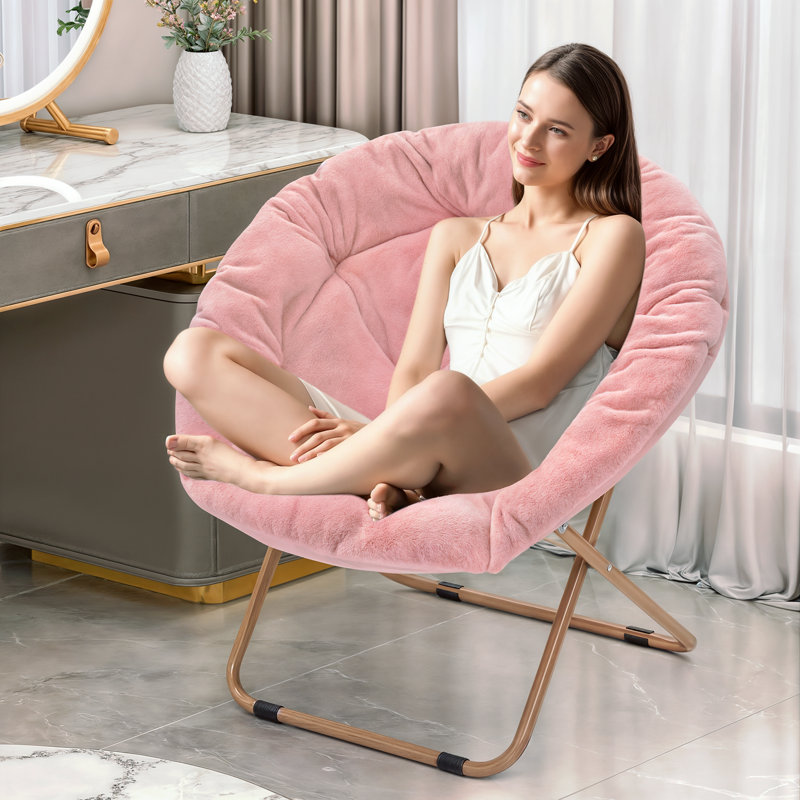 Chaises de soucoupe rondes rembourrées avec appui-tête, chaises longues pliantes confortables, chaises Papasan Moon, Rose