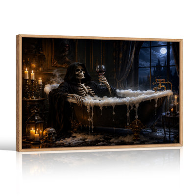 Art mural sur toile gothique squelette dans une baignoire avec verre à vin et Halloween