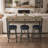 3-Drawer Long Dining Table Set With Power Outlets, Bar Kitchen Table Set With Circular PU Stools, Easy Assemble, Brown Gray Table+Black Stool