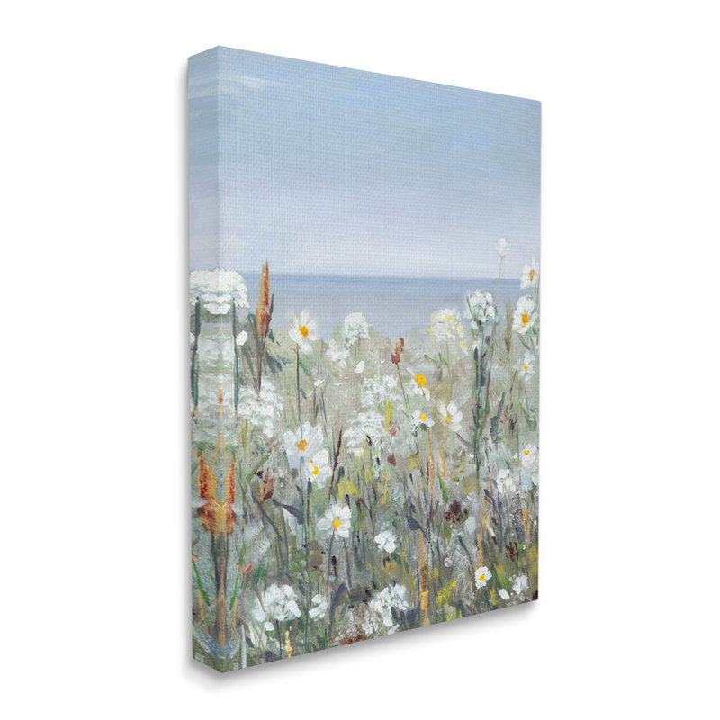 «Pleasant Summer Flower Field Distant Beach Shore», art mural par Sally Swatland, Toile tendue, H 20 po x l 16 po x P 1,5 po