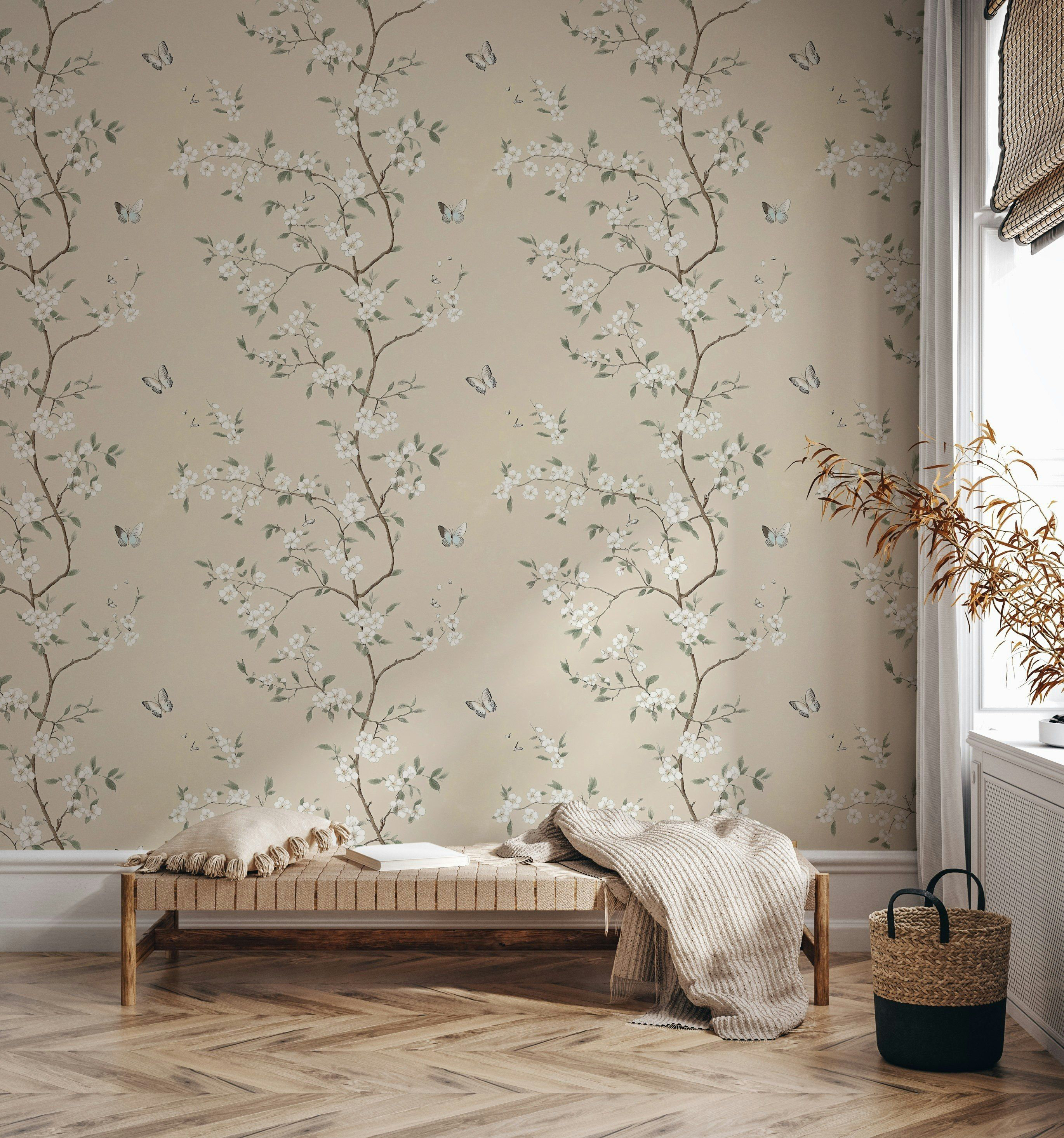 Lark Manor Delicate Floral Wallpaper with Butterflies Minimalist ...