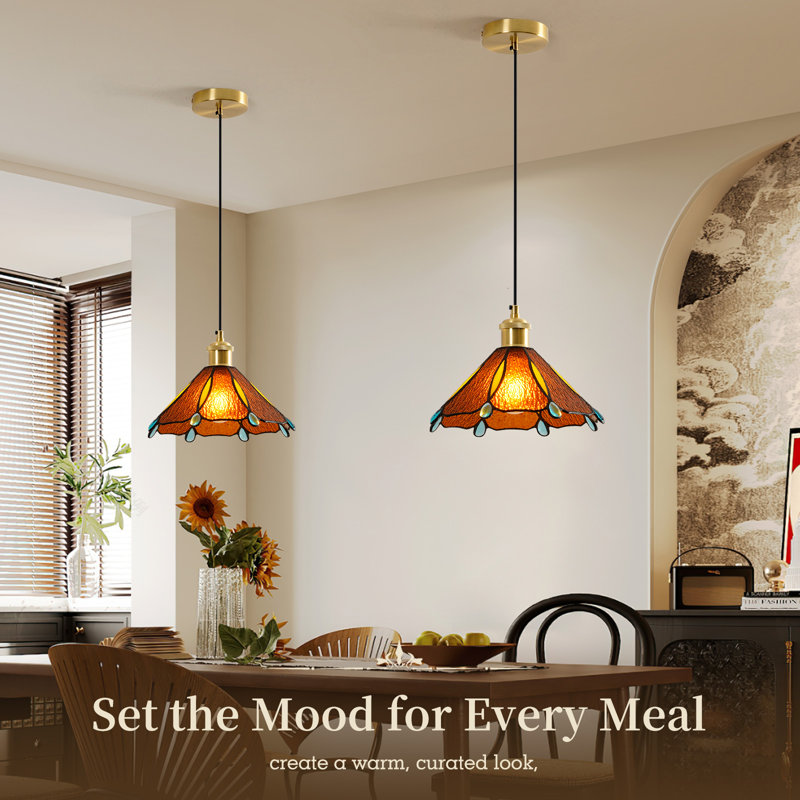 Stained Glass Pendant Light, Vintage Mini Hanging Ceiling Lamp, Black Cord & Brass Socket, E26 Base, Amber Shade for Kitchen Island Dining Room, Bulb Not Included