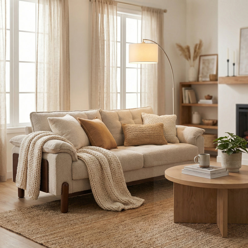 Canapé 3 places rembourré avec accoudoirs, Beige bouclé