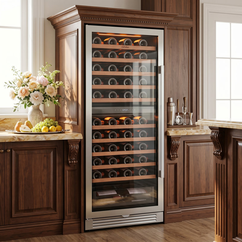 24" 90-Bottle Dual Zone Wine Refrigerator, Built-In & Freestanding, 9.7 Cu.Ft., 40–65°F Precise Temperature, Amber/Blue/White LED Lighting, UV-Protected Double Glass Door, Frost-Free, Adjustable Wood Shelves, Hidden Hinges, Energy Star Wine Cooler