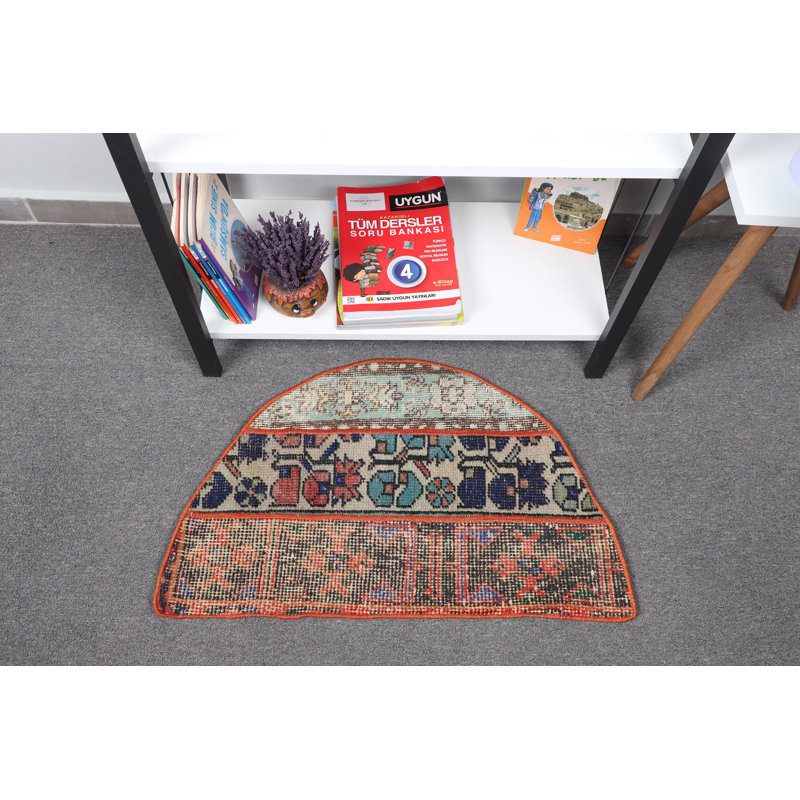 Small Round Turkish Vintage Patchwork Rug Ideal for Entry Spaces in a Striking Red Hue