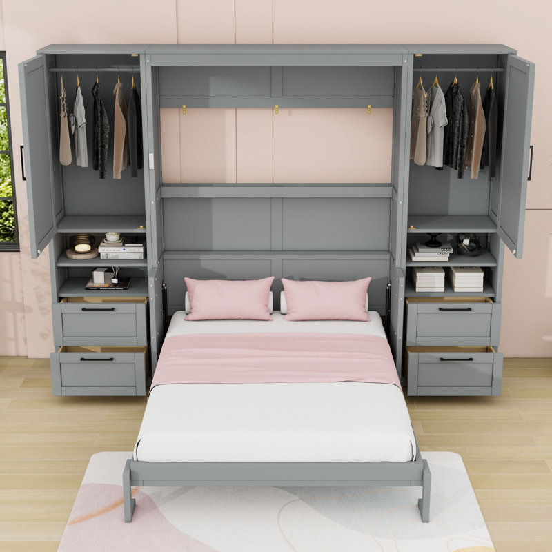 Lit escamotable avec tiroirs de rangement intégrés et bureau, Gris, Double