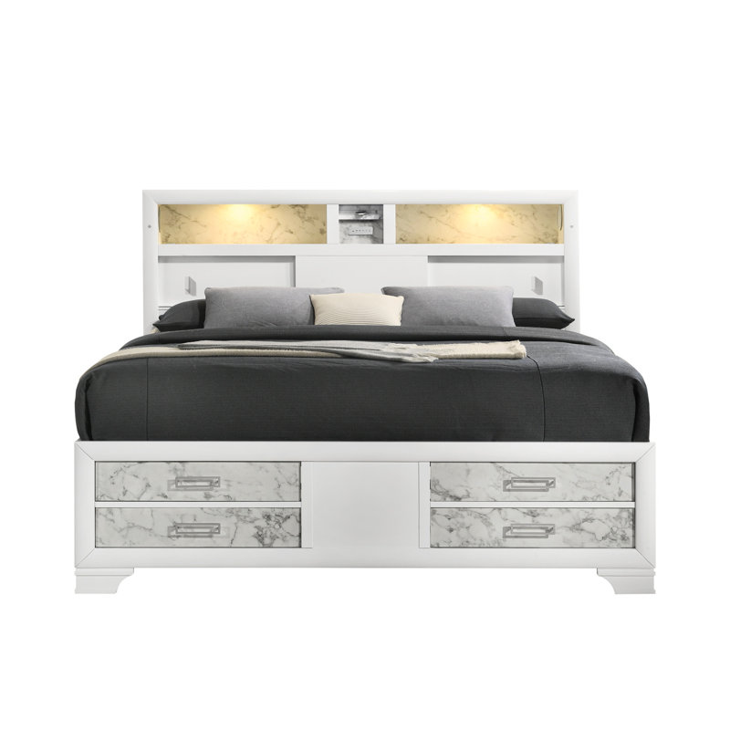 Contemporary, White Wood Full Bed, Marble Accents, Speakers, - C Charging Stylish Contemporary Bed With Frame, Headboard Lighting, Storage Drawers And Tech Setup