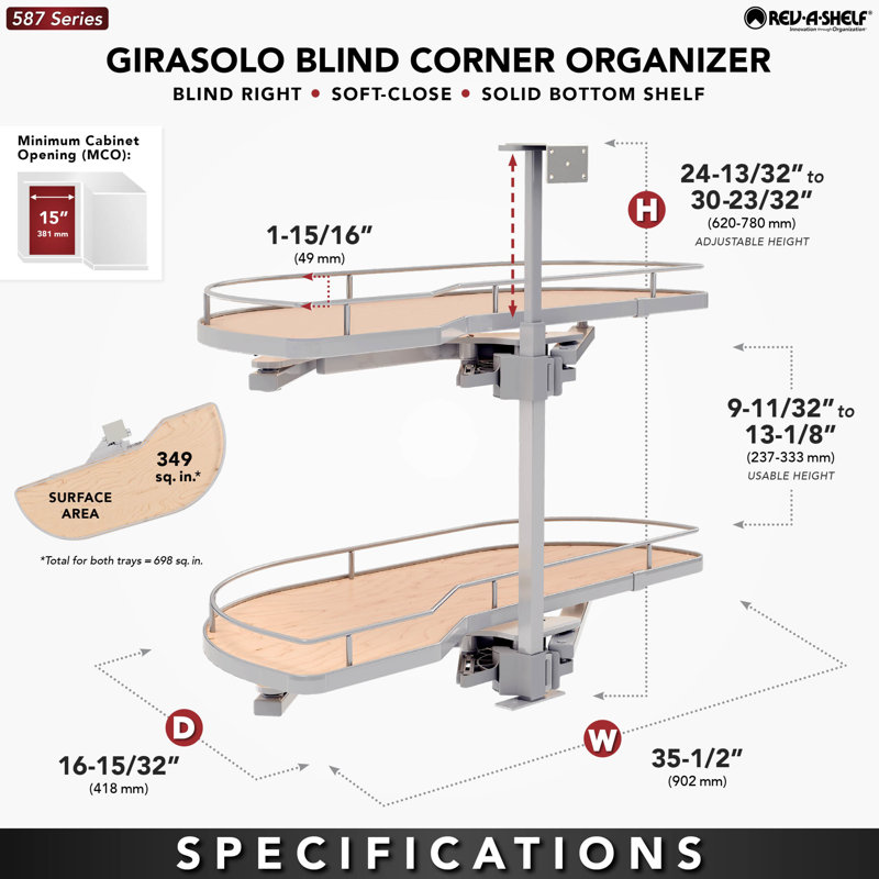 Two-Tier Maple Solid Bottom Girasolo For Left Door/Blind Right Corner Cabinet - 12" Opening, 35.49" W
