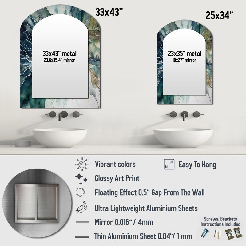 Green Blue Marbled Dreamscape II - Geometric Asymmetrical Unique Wall Mirror, Modern Arch Mirror, Printed Metal Art