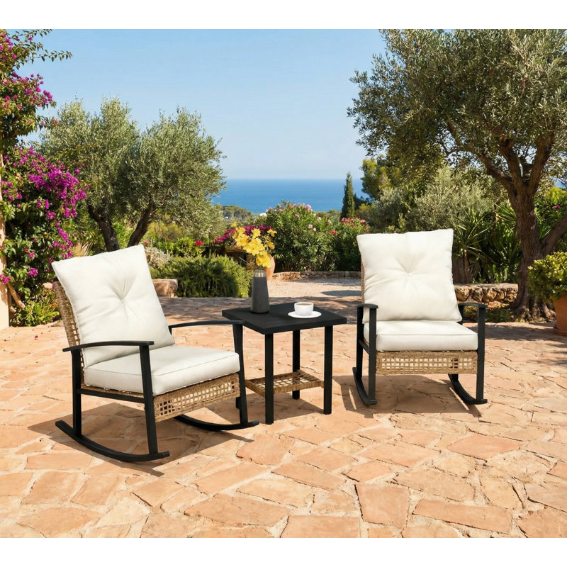 Patio Wicker Furniture Set with Button Tufted Cushions, Rattan Rocking Chairs, Coffee Table, White