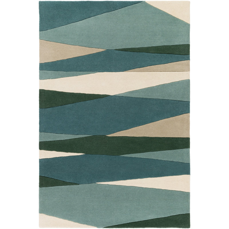 Tapis crème / vert foncé / bleu sarcelle touffeté à la main Ayeln, Rectangle 9 pi x 12 pi