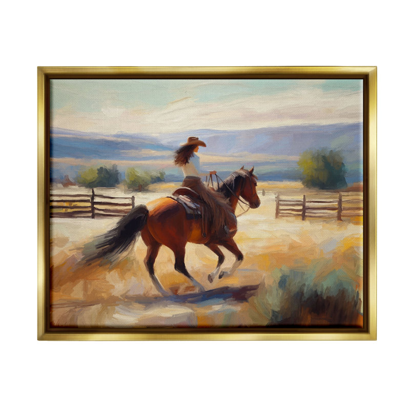 «Cowboy au galop», paysage encadré sur toile par Ramona Murdock, H 25 po x l 31 po x P 1,7 po, Cadre flottant métallique doré