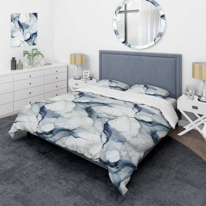 Ensemble de housse de couette en marbre blanc et gris Hrithik, Housse de couette pour grand lit et 2 taies décor