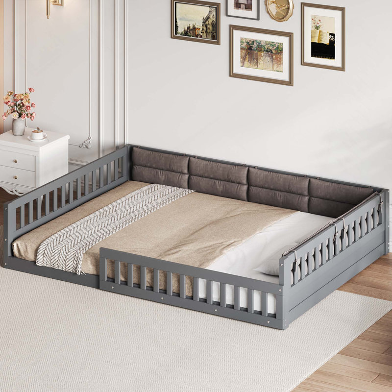 Lit plateforme tapissier en bois avec garde-corps et coussin, Grey