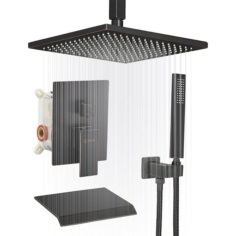 Système de douche de baignoire à fixation au plafond avec pomme de douche de 12 pouces, robinet de douche complet en laiton massif, ensembles de garniture de douche moderne avec douche à main
