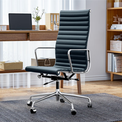 High Back Genuine Leather Conference Room Chair with Arm and Aluminum Frame, Swivel Desk Chair, Top Grain Leather Office Chair