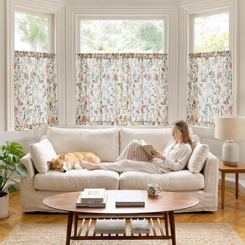 Rideaux de cuisine en lin à motif floral beige, 2 panneaux, à œillets, filtrant la lumière, style rustique.