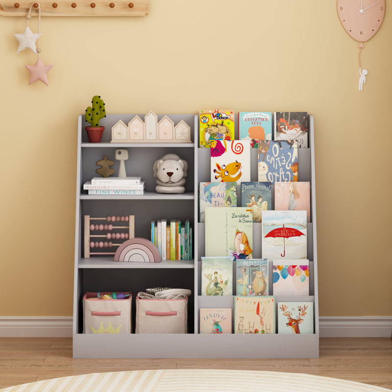 Bibliothèque pour enfants en bois à 4 niveaux avec bac de rangement pour jouets, tablette multifonctionnelle pour chambre de bébé, salle de jeux ou chambre à coucher, gris