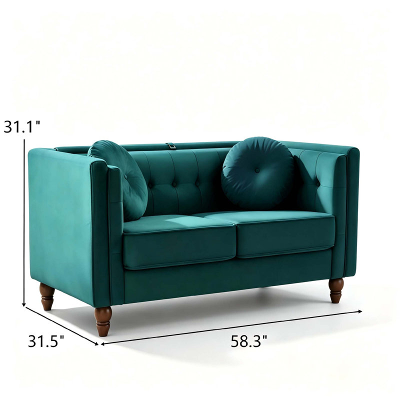 Causeuse Chesterfield compacte avec revêtement en velours froissé, Velours vert