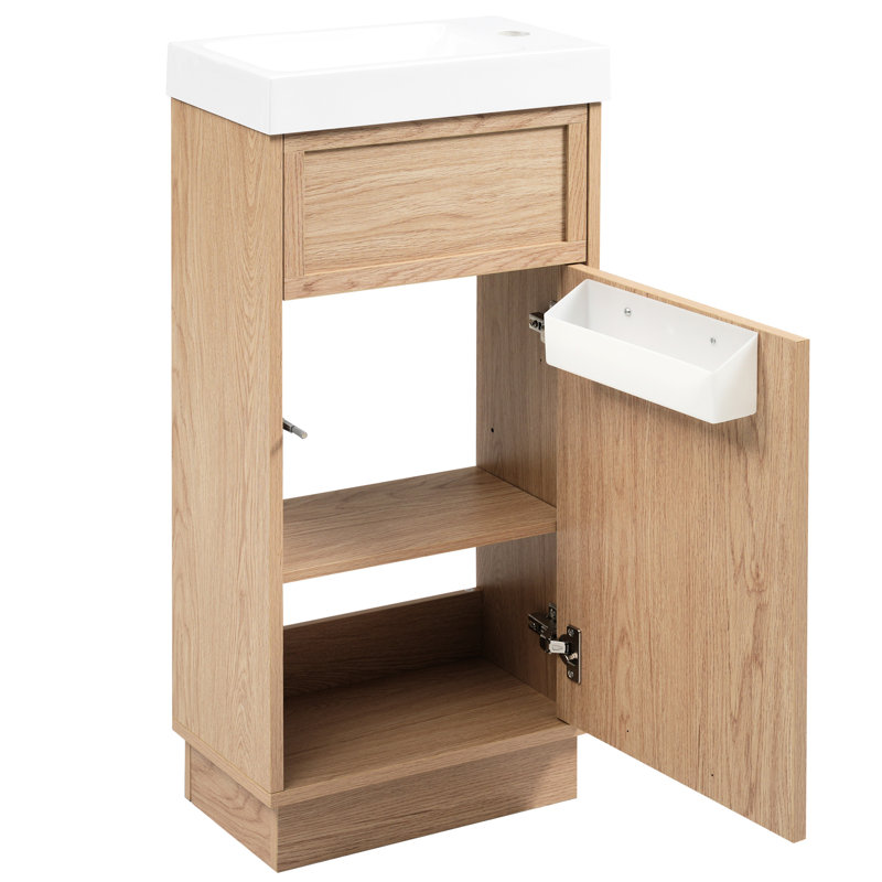 Meuble-lavabo de style rustique 15,6 po pour salle de bain avec lavabo réversible en résine, tablette réglable, porte à pousser, fonction de fermeture en douceur, charnières pour petits espaces avec finition grain de bois, mises à niveau