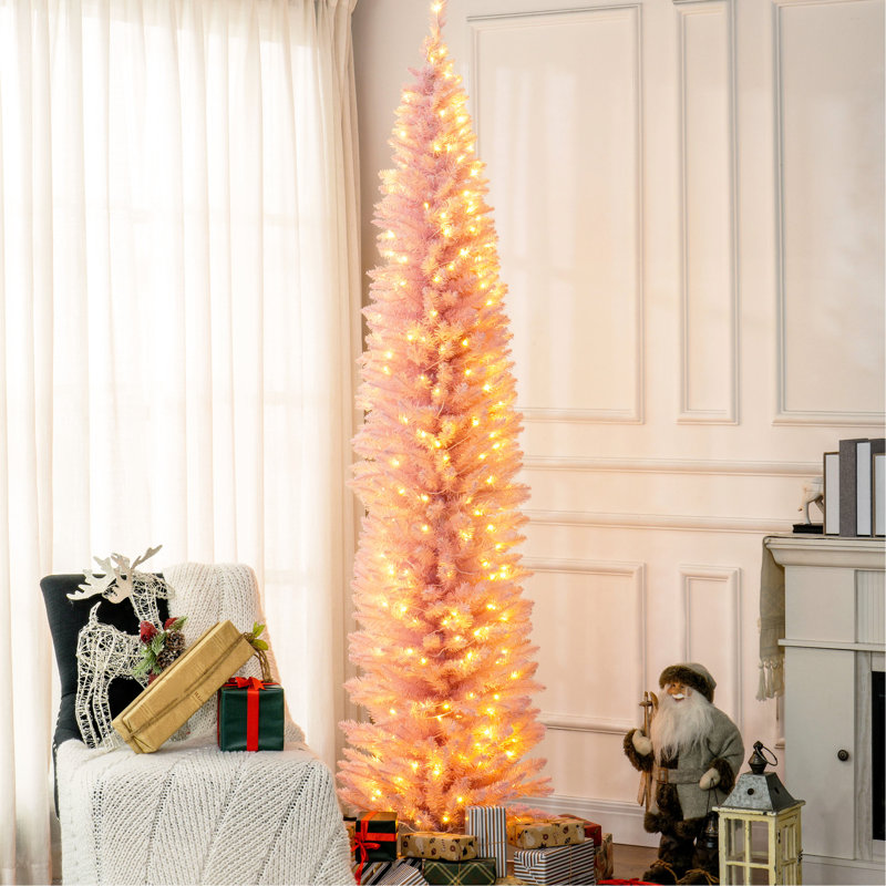 Arbre de Noël artificiel de 8 pi de hauteur, rose, 300 lumières blanc chaud, 618 pointes, flamme, assemblage sans effort pour arbre de décoration, installation simple, idée