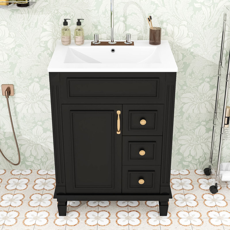 Compact Bathroom Vanity with Retro Charm: French-Inspired Design, Premium Sink, Black