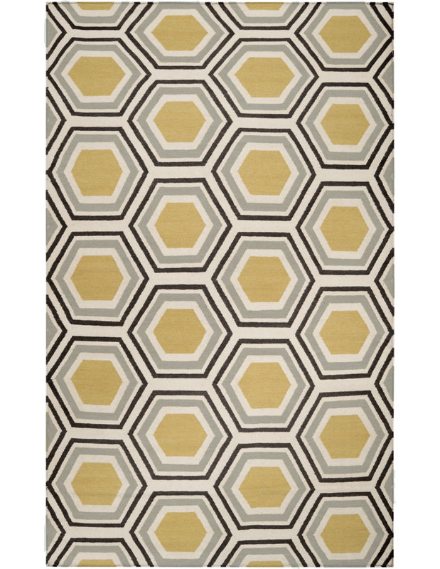 Tapis géométrique en laine beige / jaune / noir, Rectangle 8 pi x 11 pi