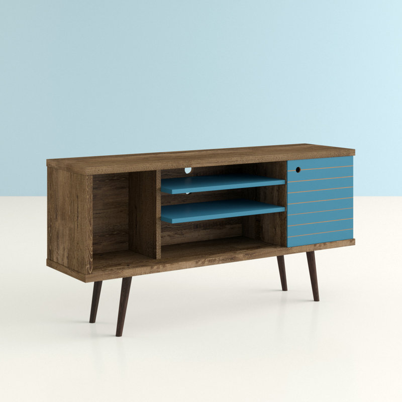 Liberty 53" Mid-Century Modern 5-Shelf TV Stand for TVs up to 50" in Rustic Brown and Blue Slate, Rustic Brown/Aqua Blue