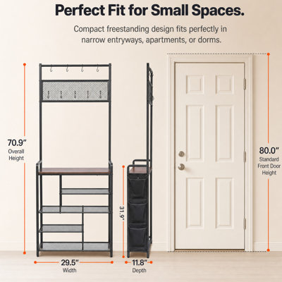 Industrial Hall Tree with Shoe Rack, Freestanding Entryway Coat Rack Organizer with Side Pockets, S Hooks & Anti‑Tiap Straps for Hallway Foyer
